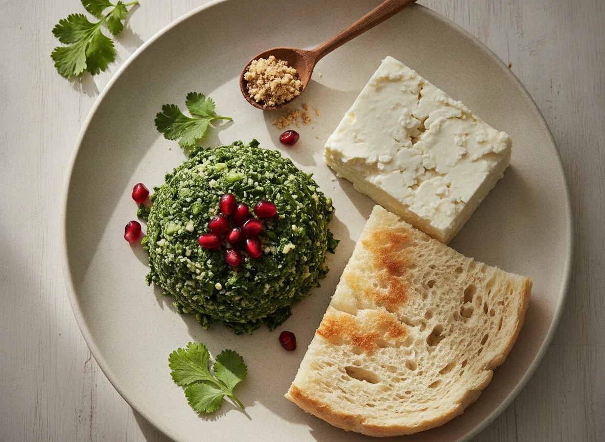 Georgian style greens with cheese and bread photo
