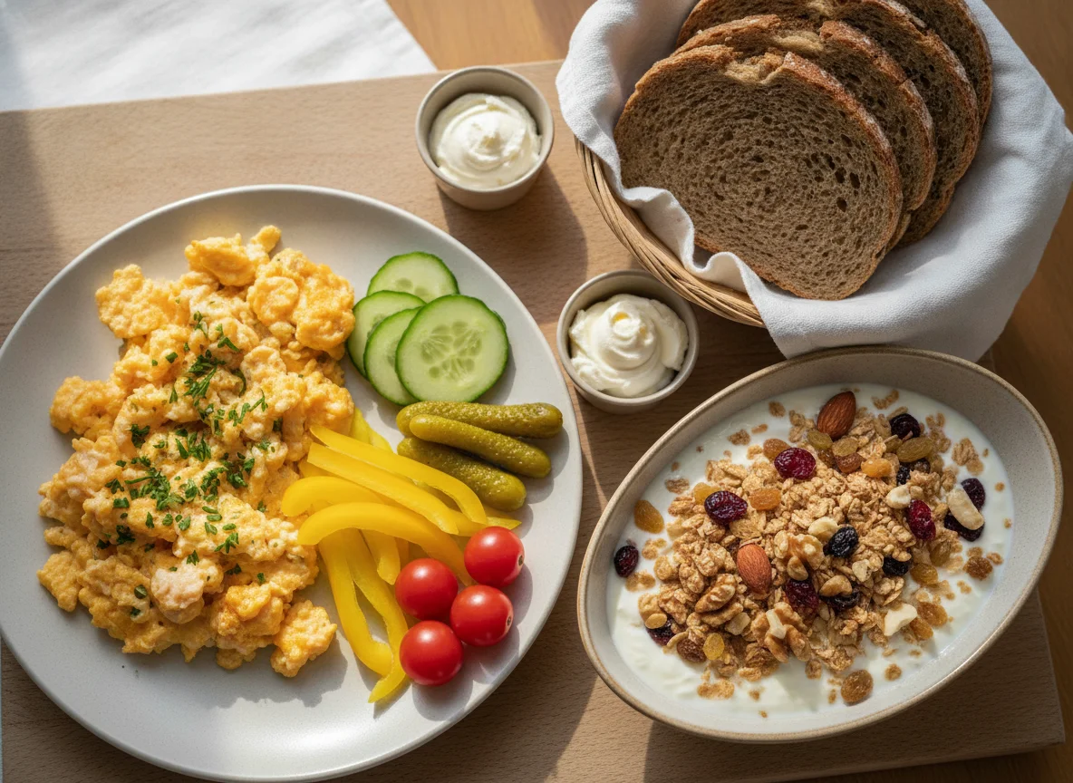 German Breakfast with Scrambled Eggs, Bread, and Muesli Yogurt photo