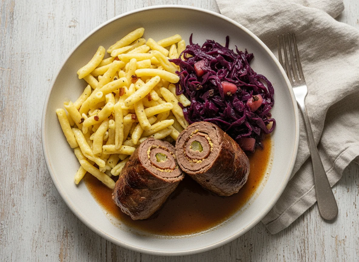 German Roulade with Spätzle and Red Cabbage photo