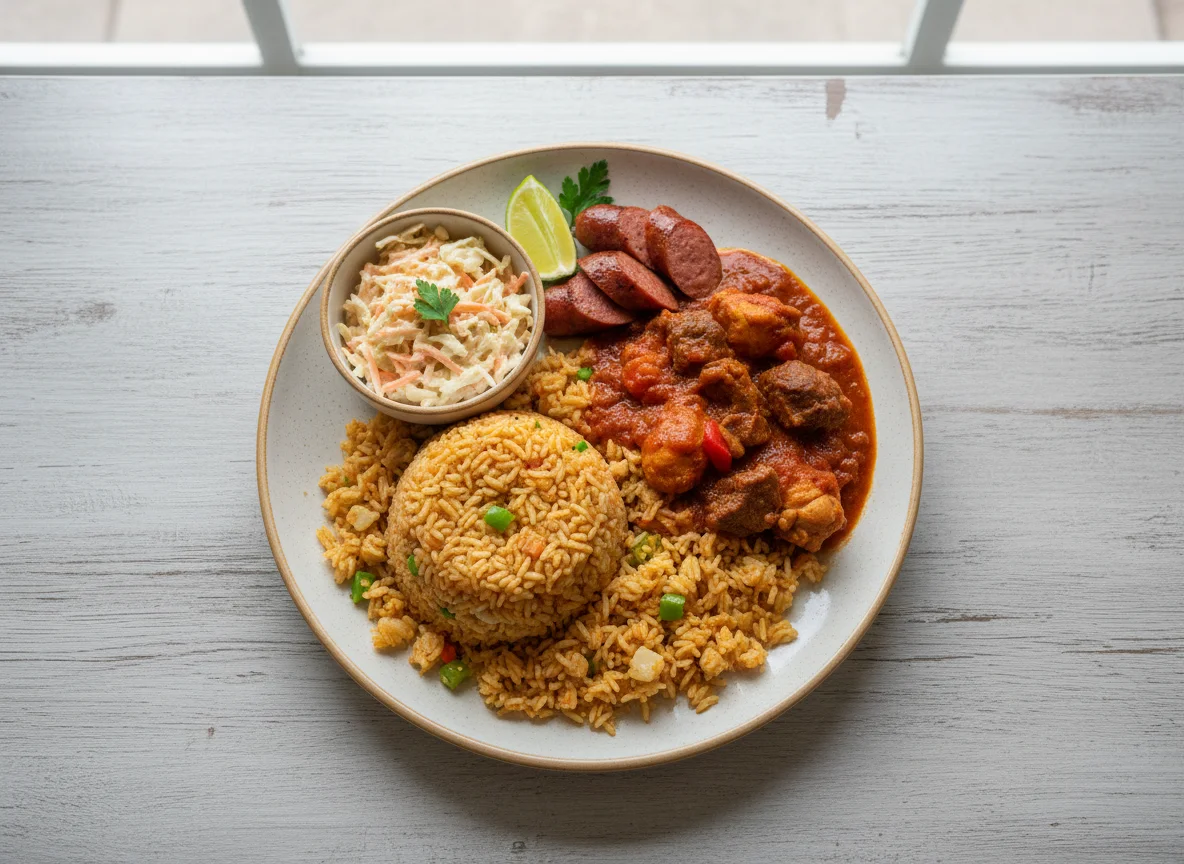 Ghanaian Rice and Stew with Sides photo