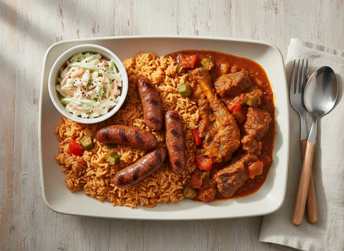 Ghanaian Rice with Sausage, Stew, and Coleslaw photo