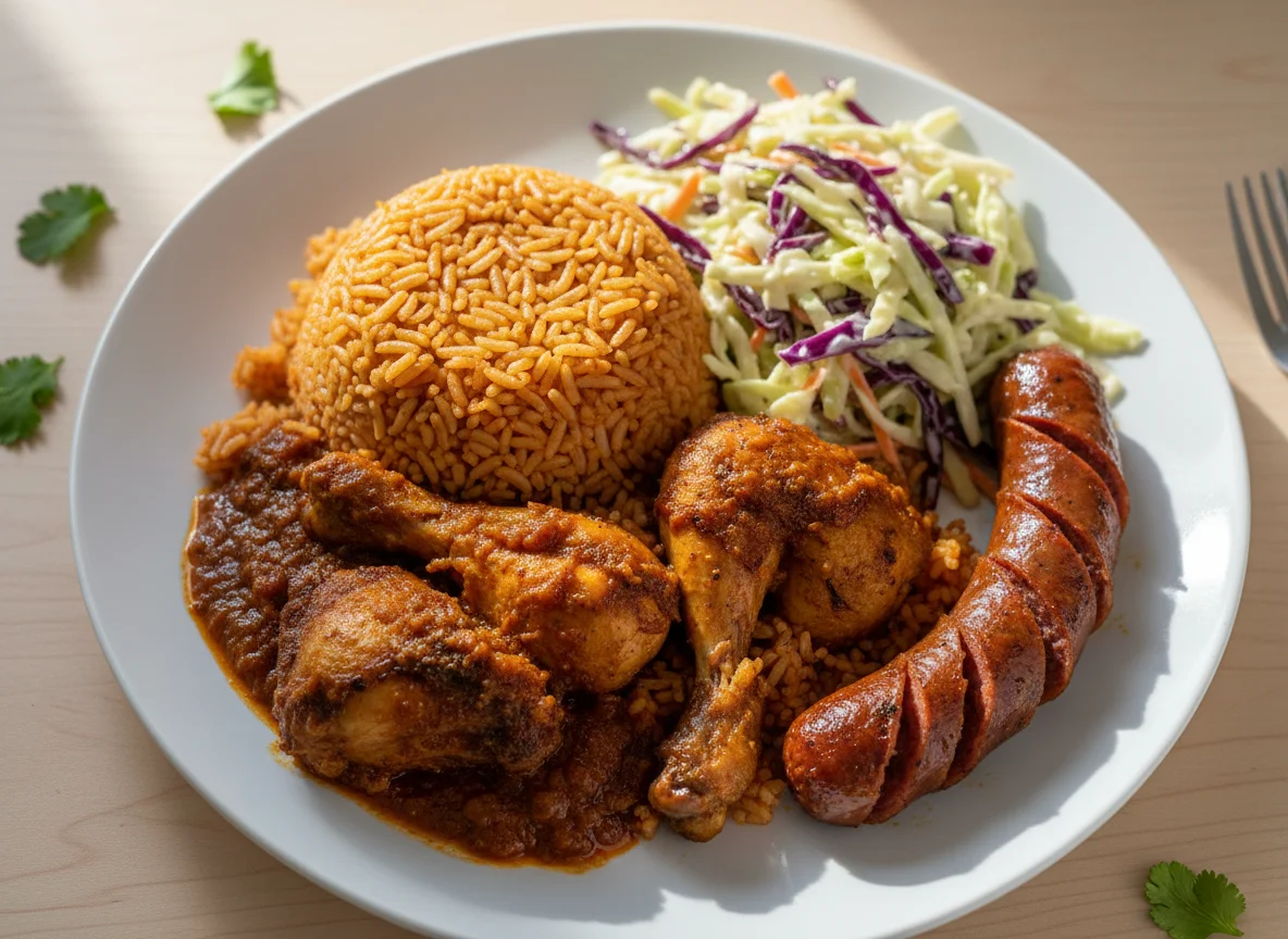 Ghanaian Rice with Stew, Sausage, and Coleslaw photo