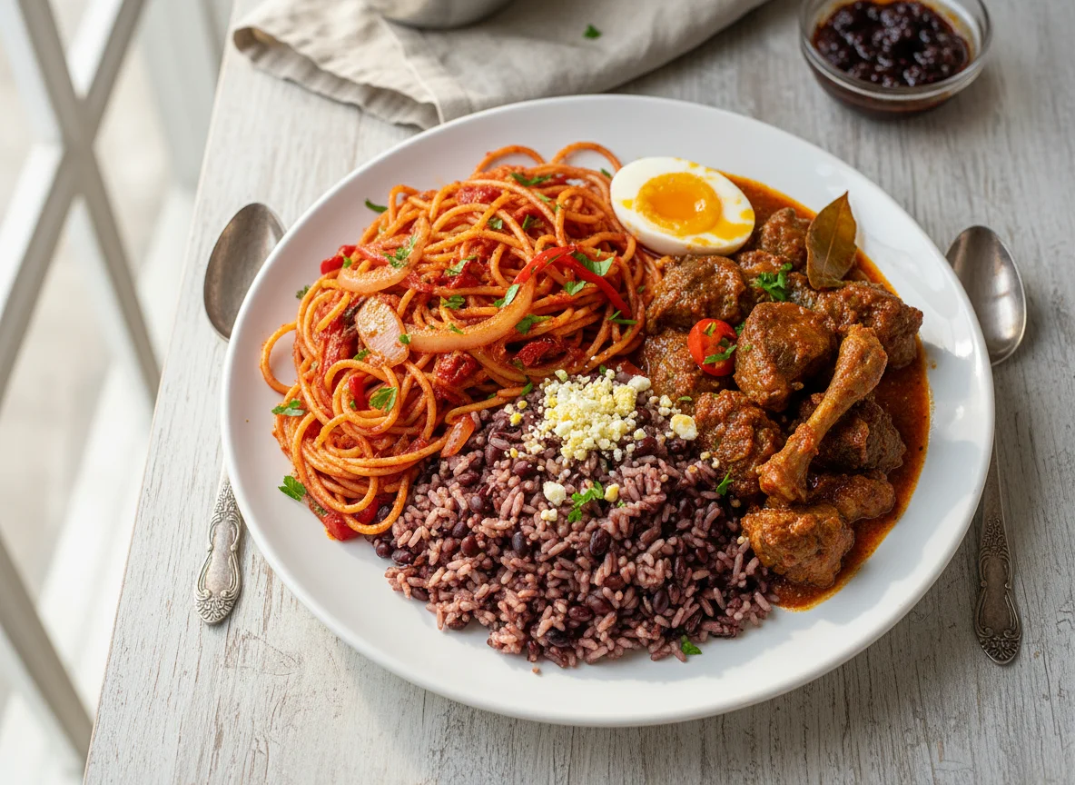 Ghanaian Spaghetti with Rice and Stew photo