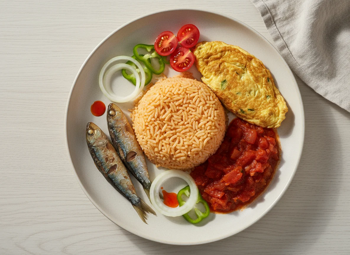 Ghanaian style rice with fish, egg, and vegetables photo