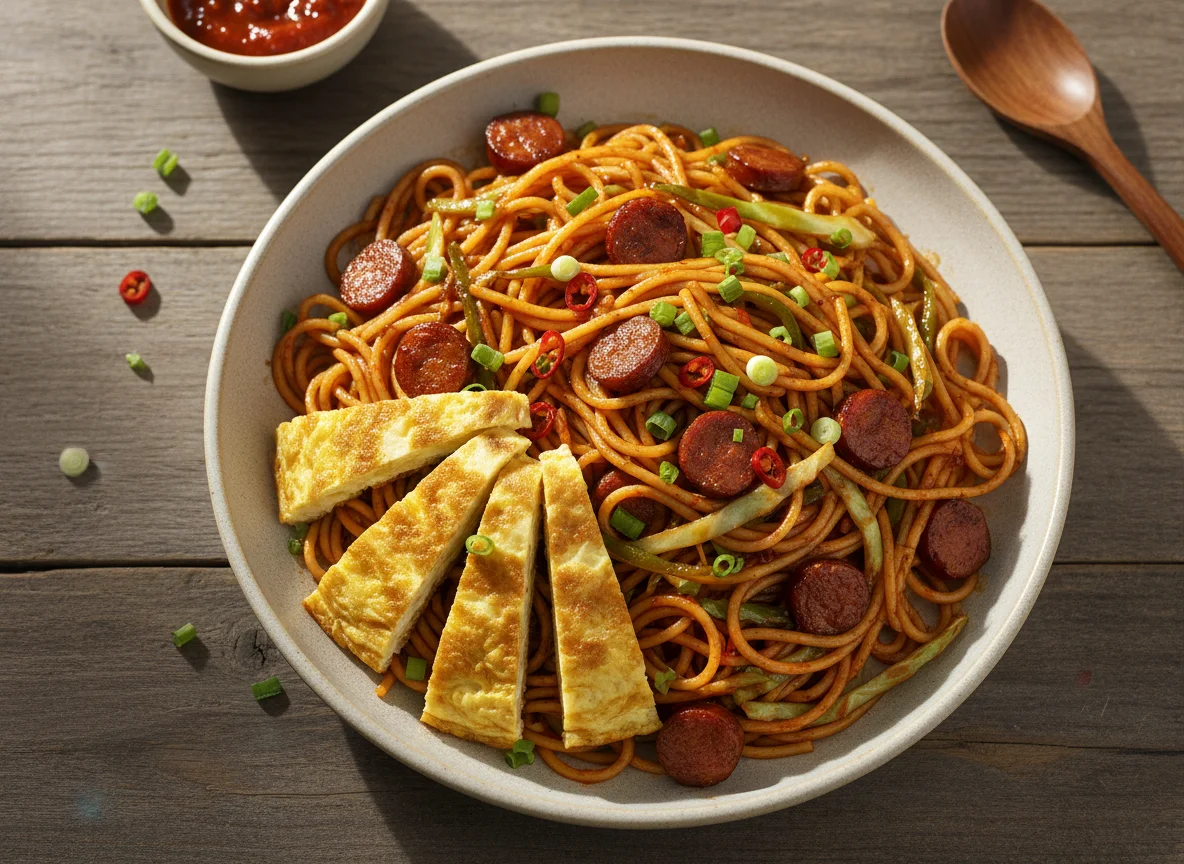 Ghanaian Style Stir-fried Noodles with Omelette and Sausage photo