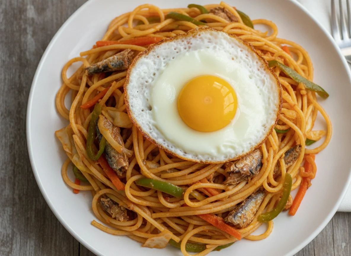 Ghanaian Style Stir-fry Spaghetti with Fried Egg photo