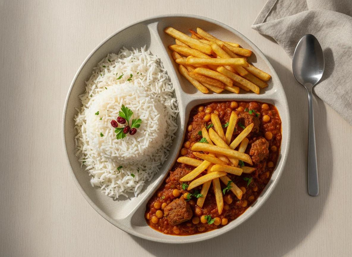 Gheimeh Stew with Rice and French Fries photo
