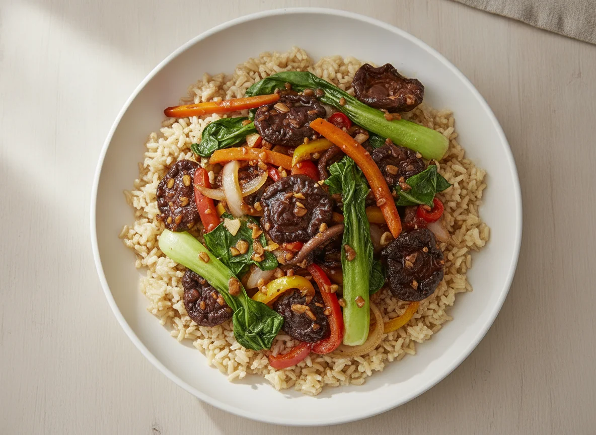 Ginger and Hoisin Fable Mushroom Stir-Fry with Pak Choi and Brown Basmati Rice photo