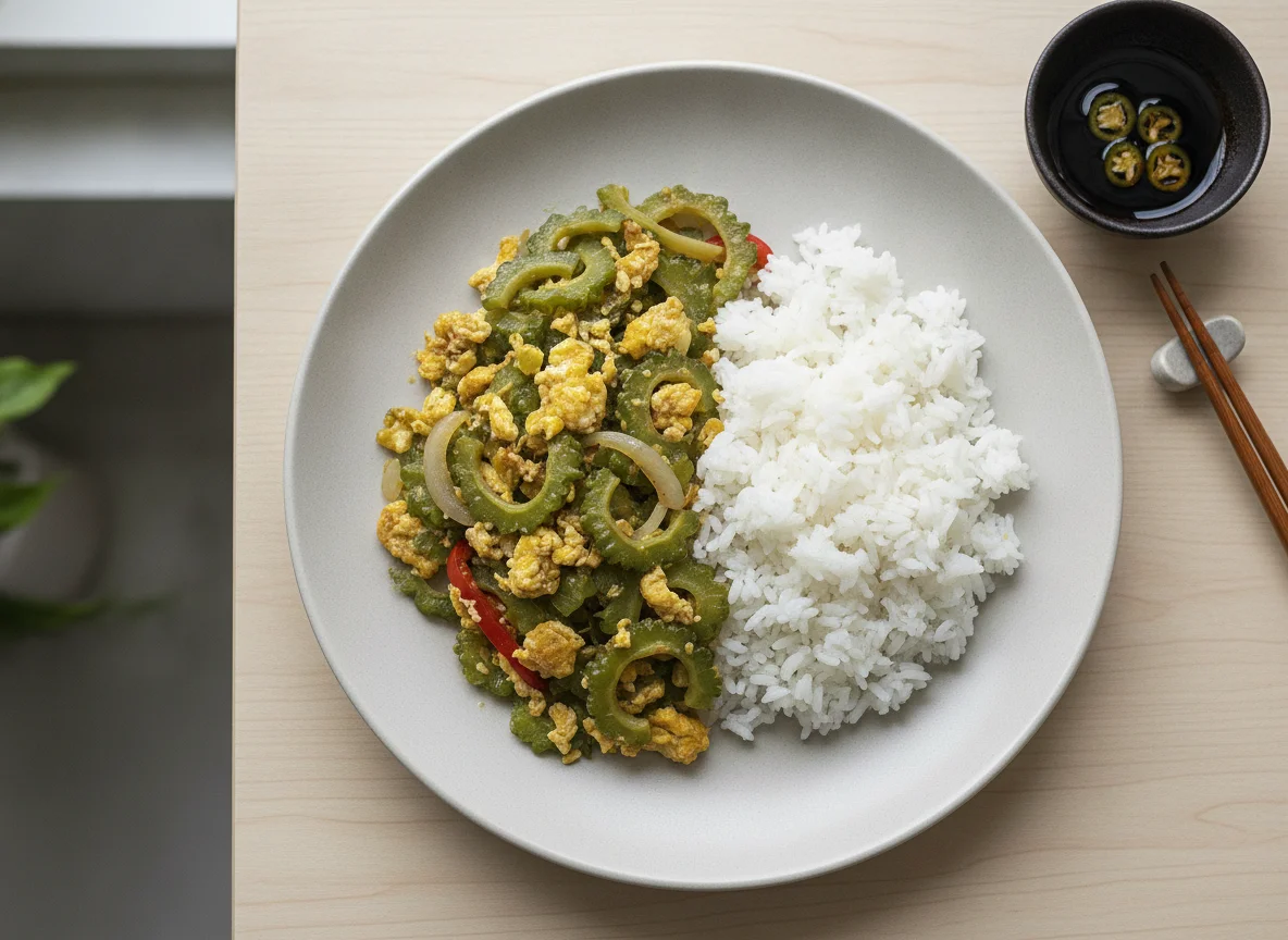 Ginisang Ampalaya with Egg and White Rice photo