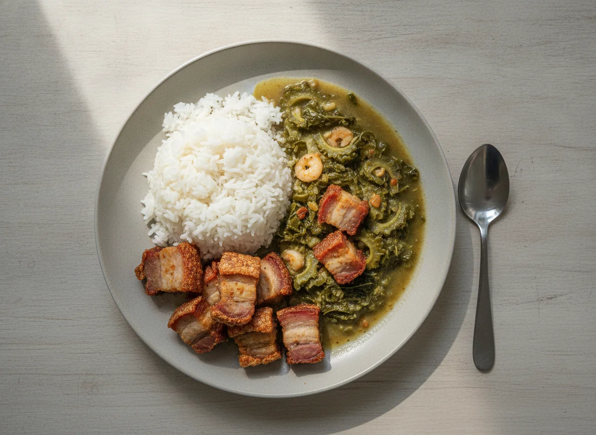 Ginisang Munggo with Lechon Kawali and Rice photo