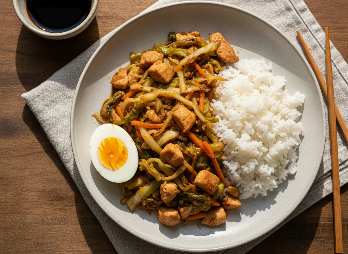 Ginisang Repolyo with Chicken, Rice, and Boiled Egg photo