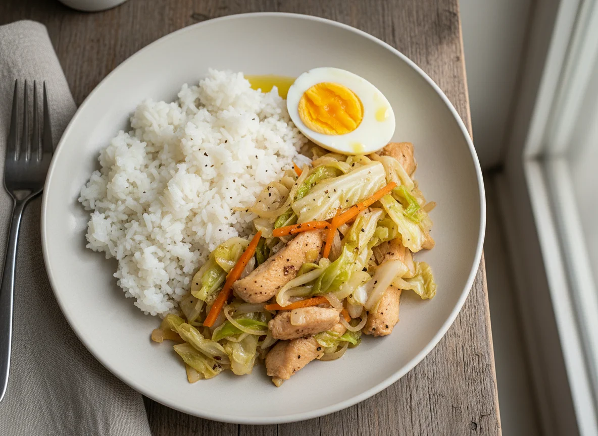 Ginisang Repolyo with Rice and Boiled Egg photo