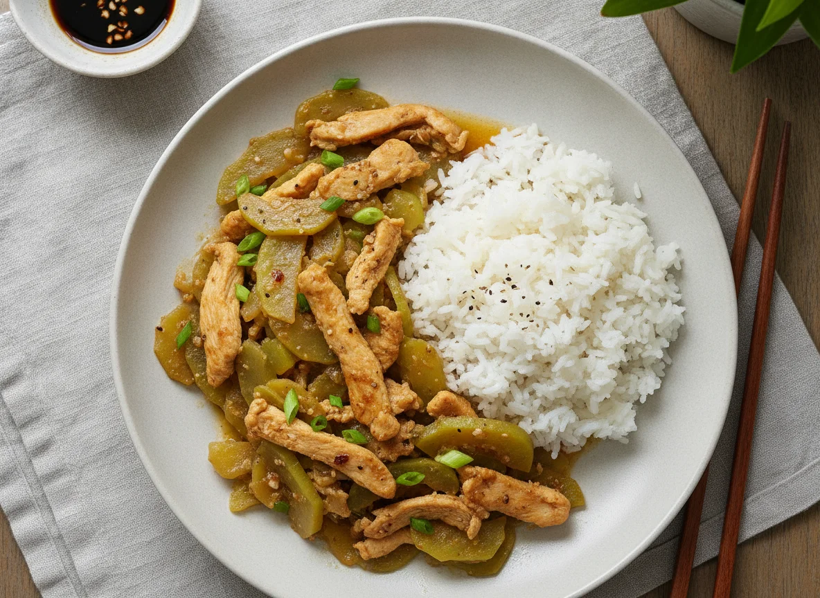 Ginisang Sayote with Chicken and White Rice photo