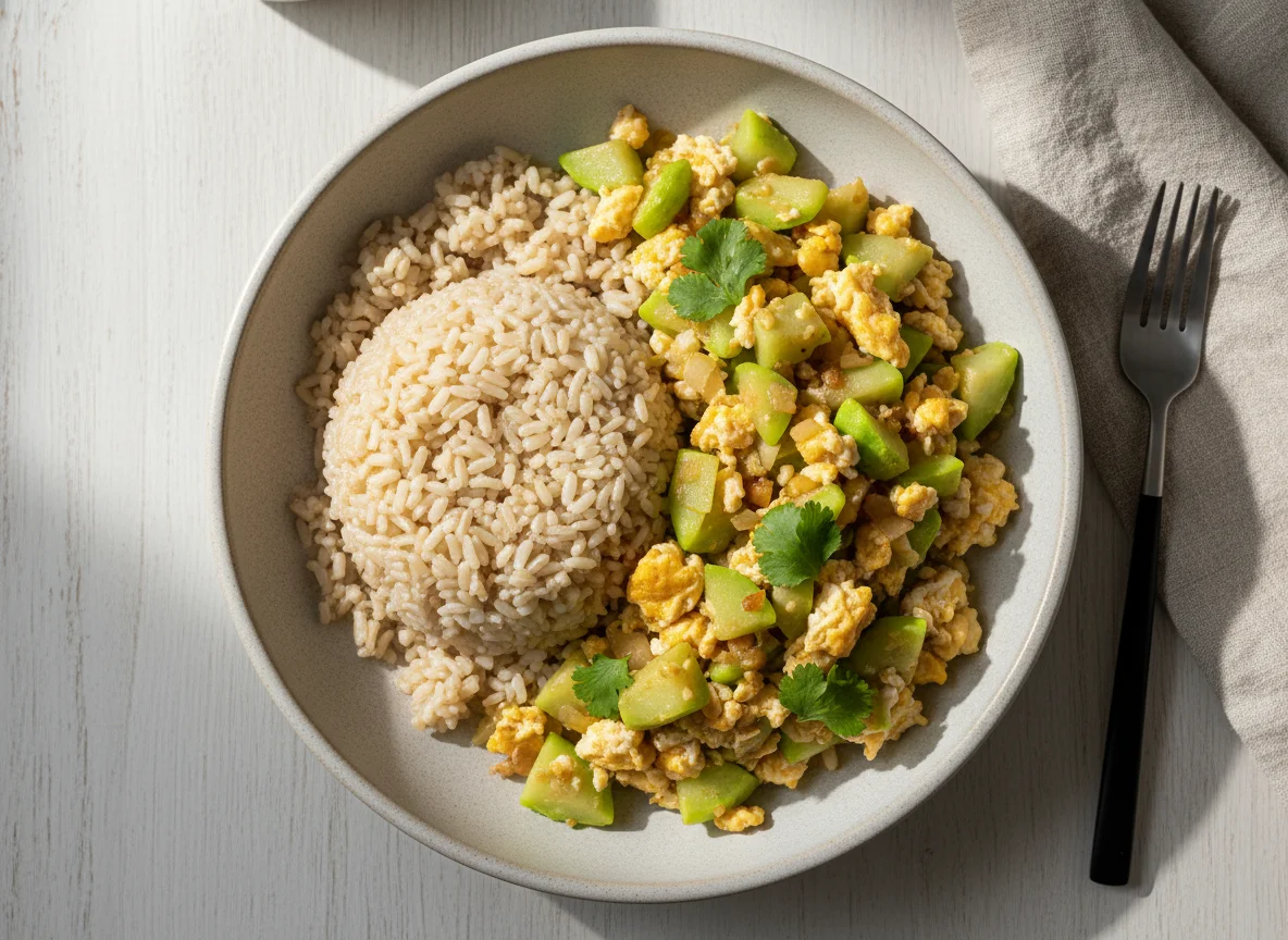 Ginisang Sayote with Egg and Brown Rice photo