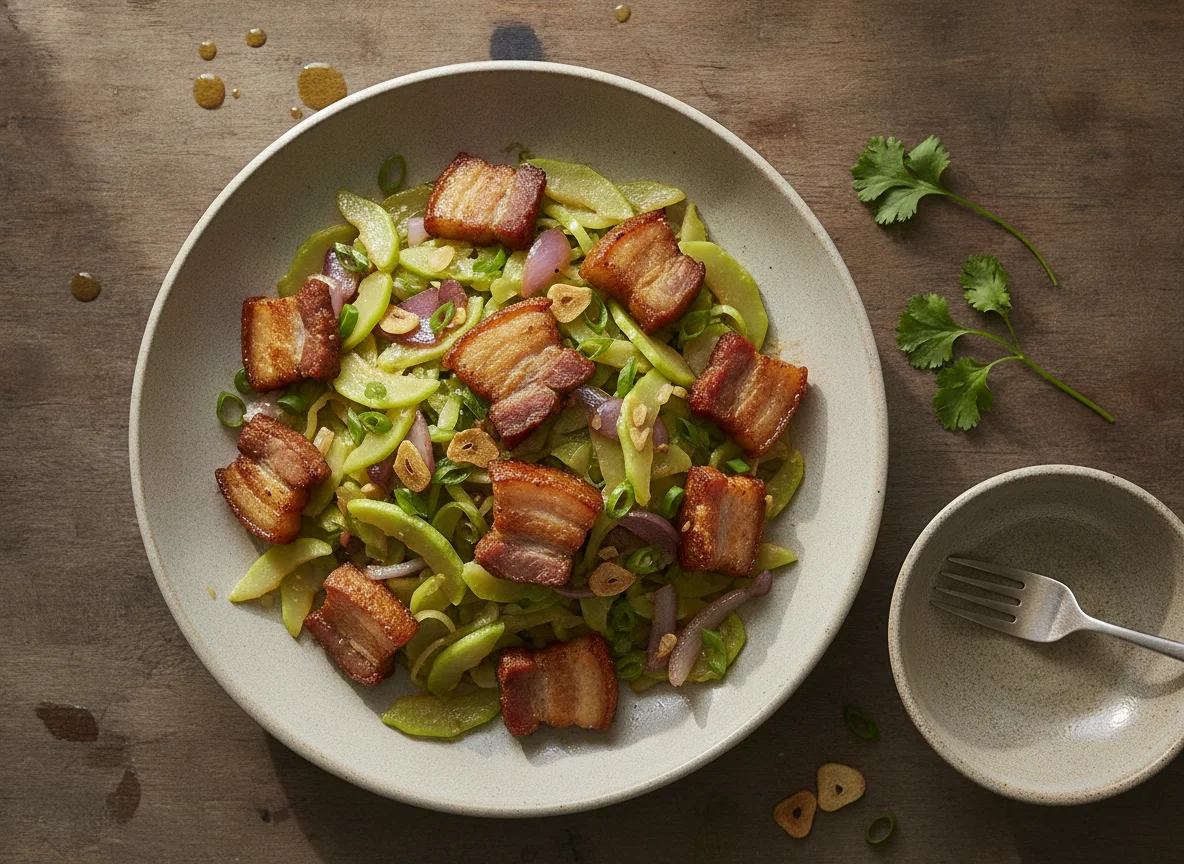 Ginisang Sayote with Fried Pork Belly photo