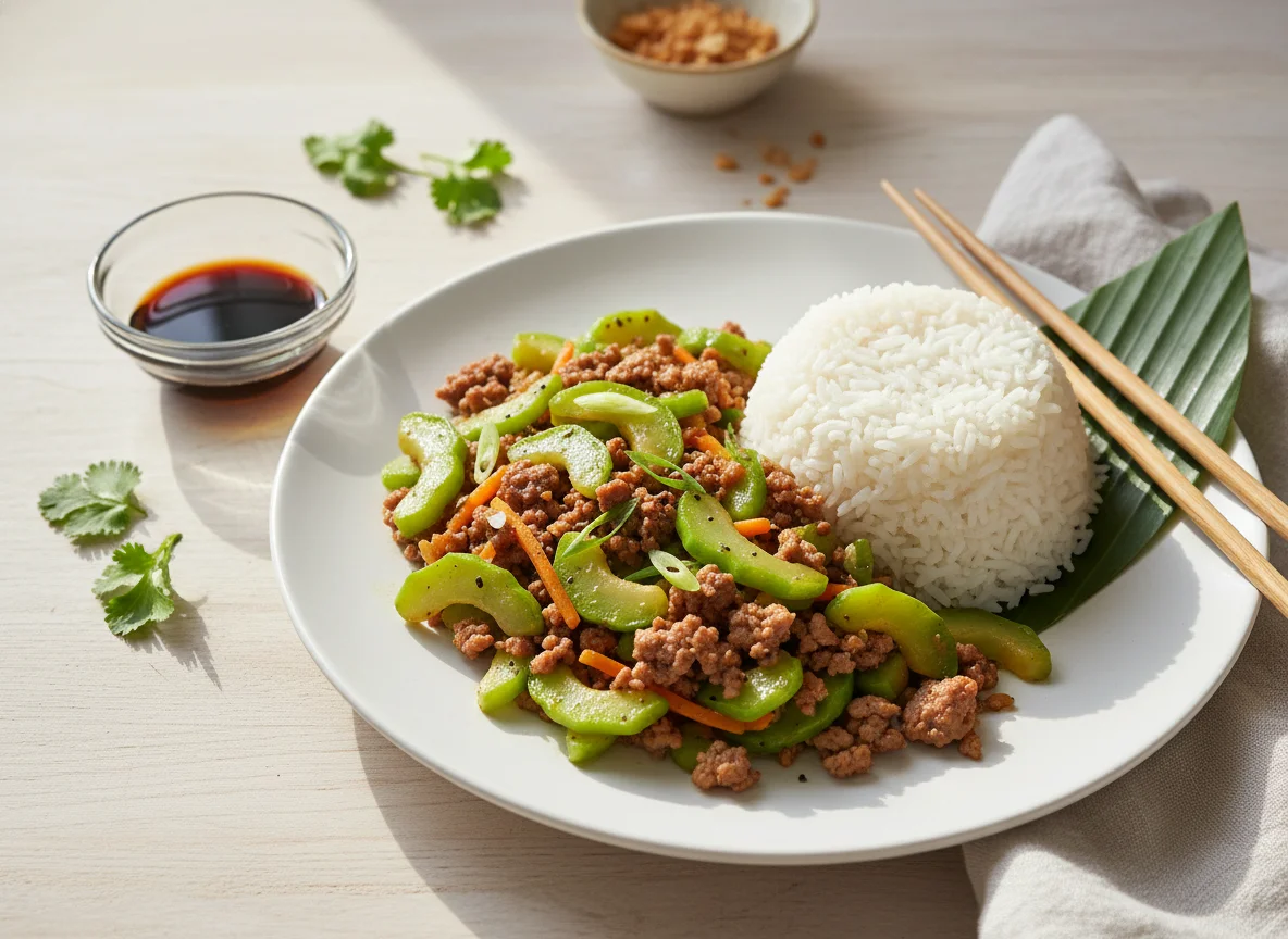 Ginisang Sayote with Ground Pork and Rice photo