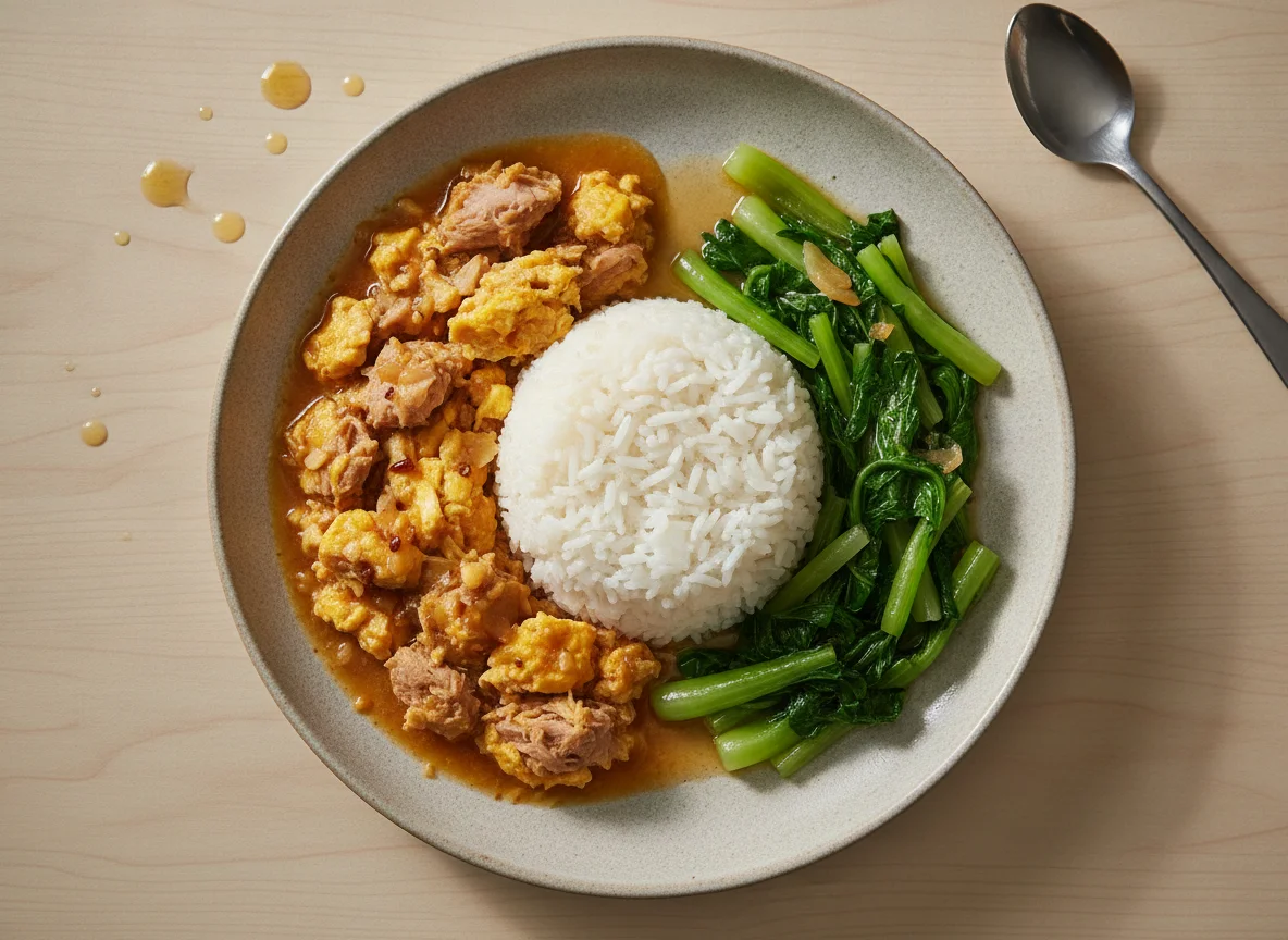 Ginisang Tuna with Egg, White Rice, and Sautéed Leafy Greens photo