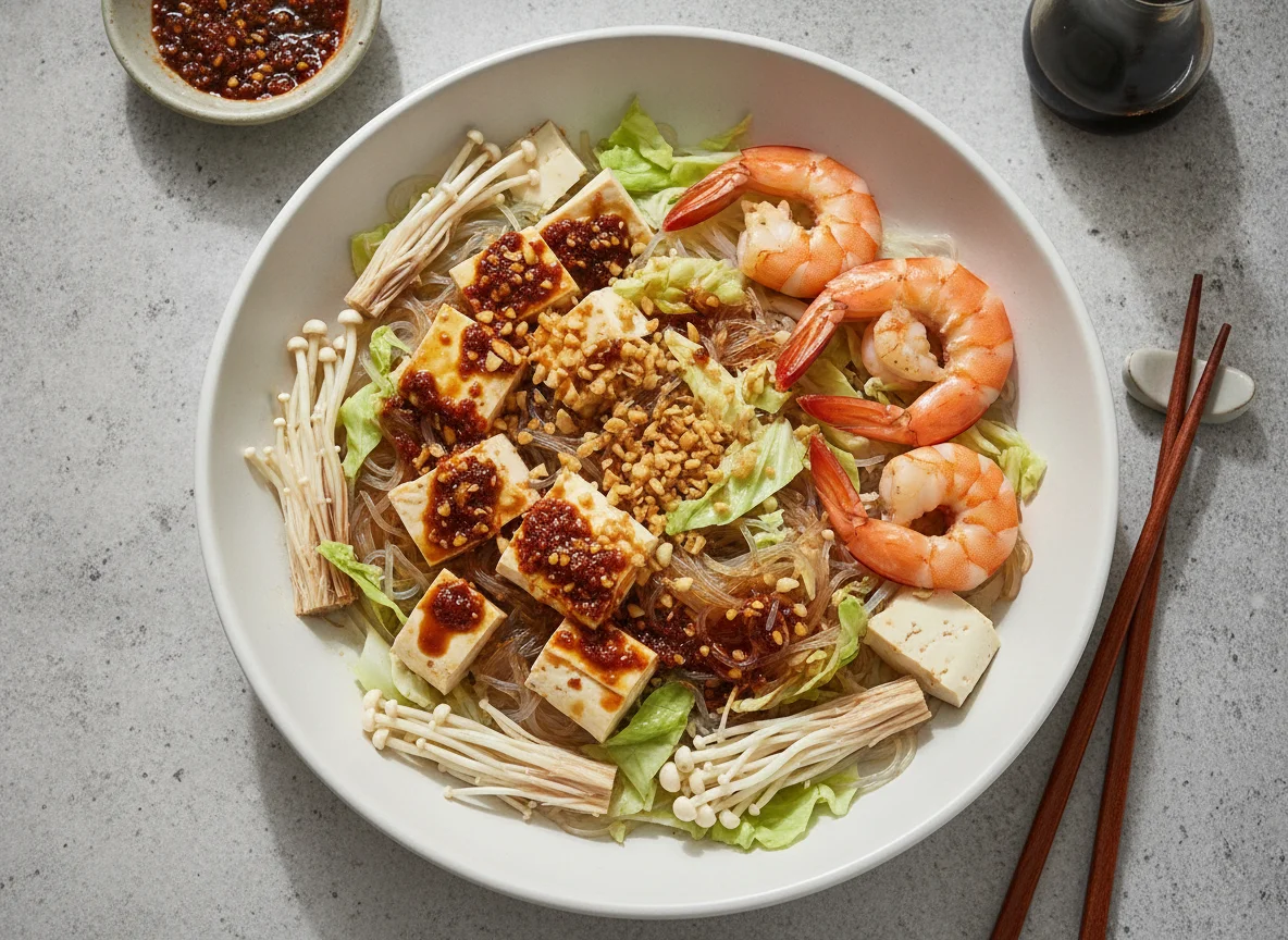 Glass noodles with prawns, silken tofu and vegetables photo
