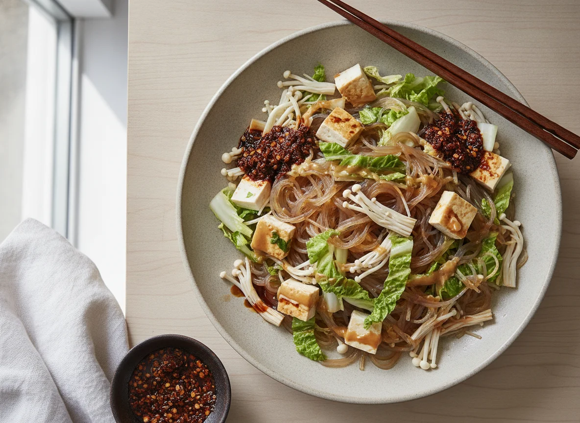 Glass noodles with tofu and enoki mushrooms photo