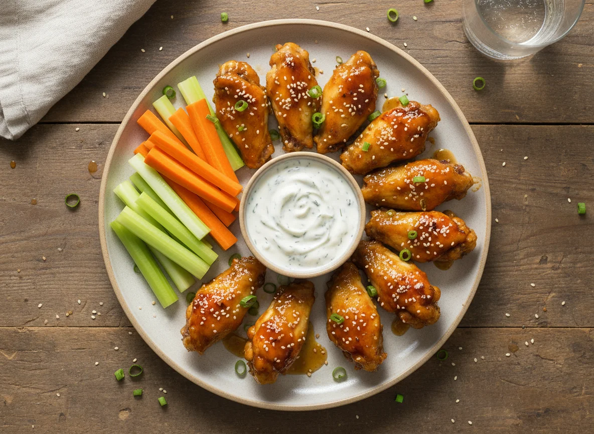 Glazed Chicken Wings with Vegetables and Dip photo