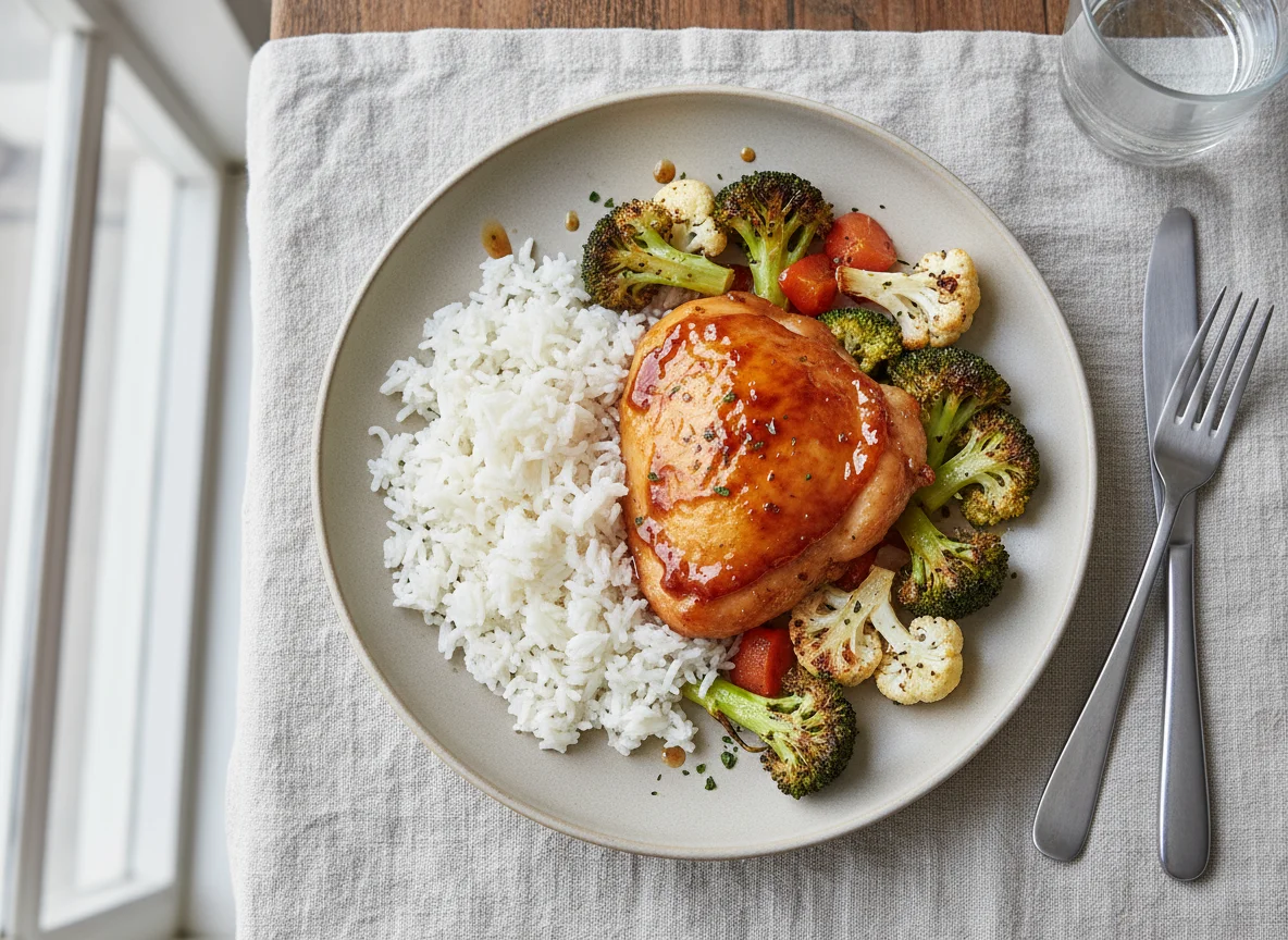 Glazed Chicken with Roasted Vegetables and Rice photo