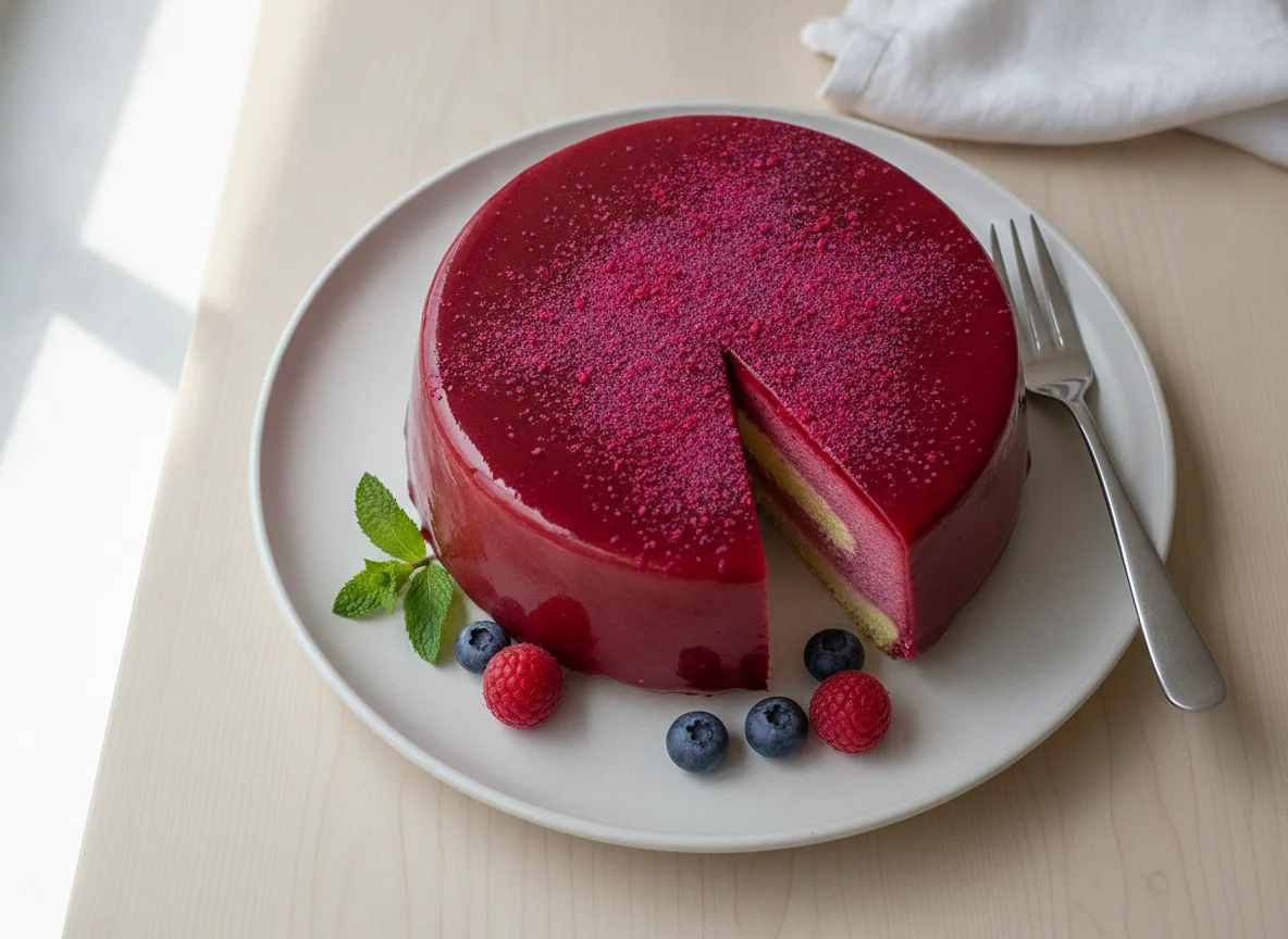 Glazed mousse cake with berry powder photo