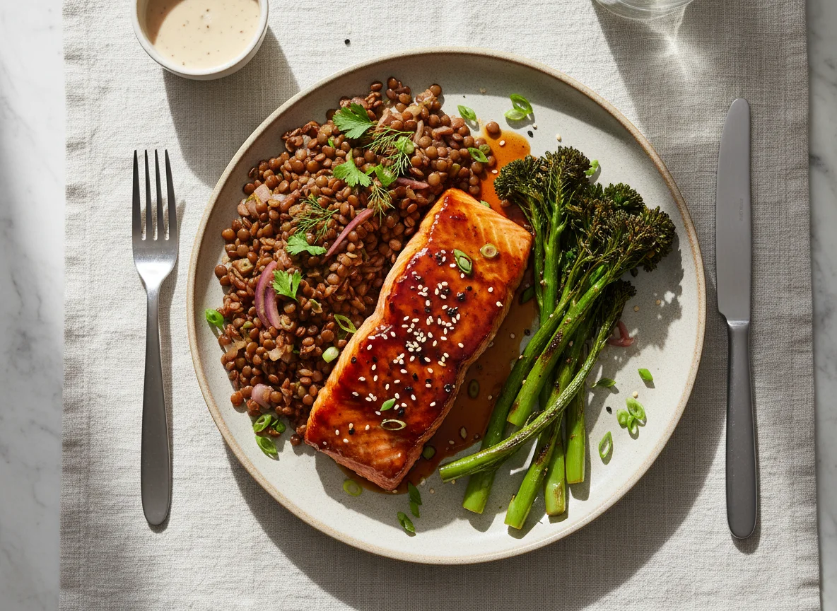 Glazed Salmon with Lentils and Broccolini photo