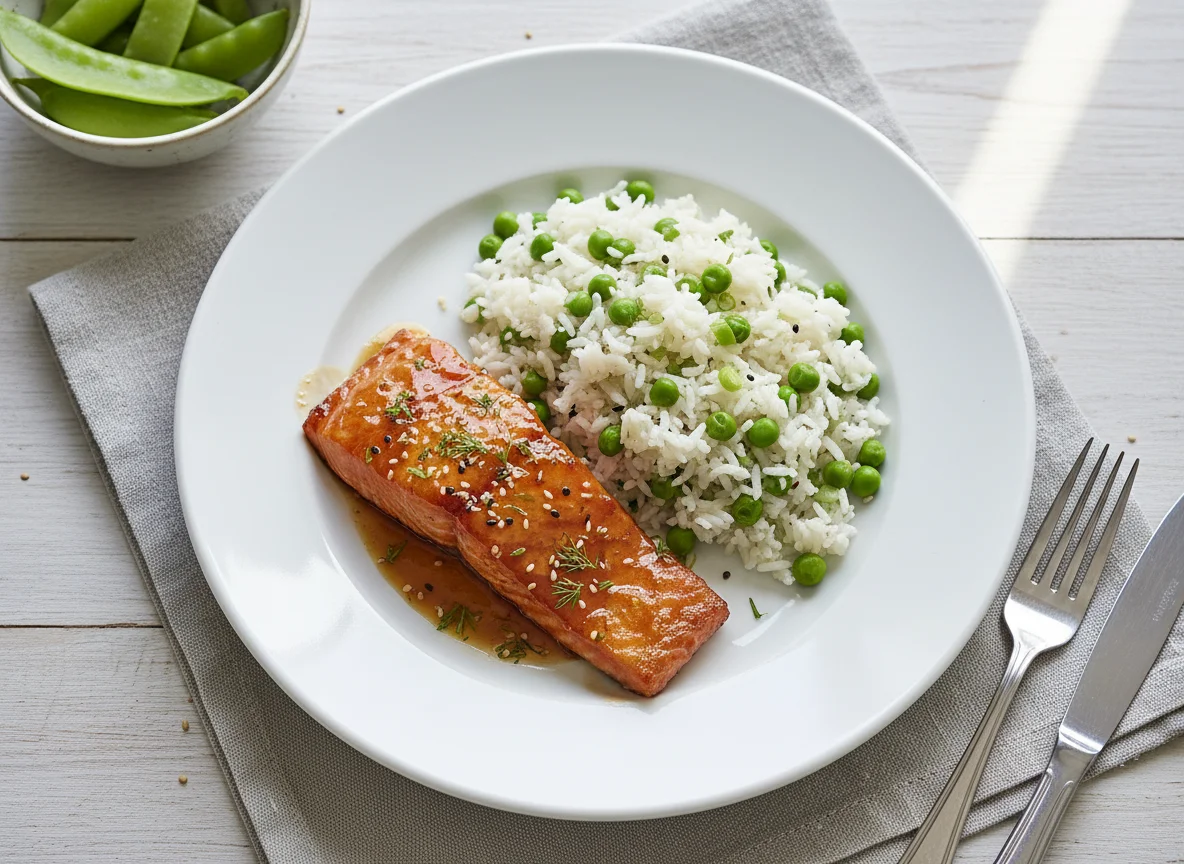 Glazed Salmon with Pea Rice photo