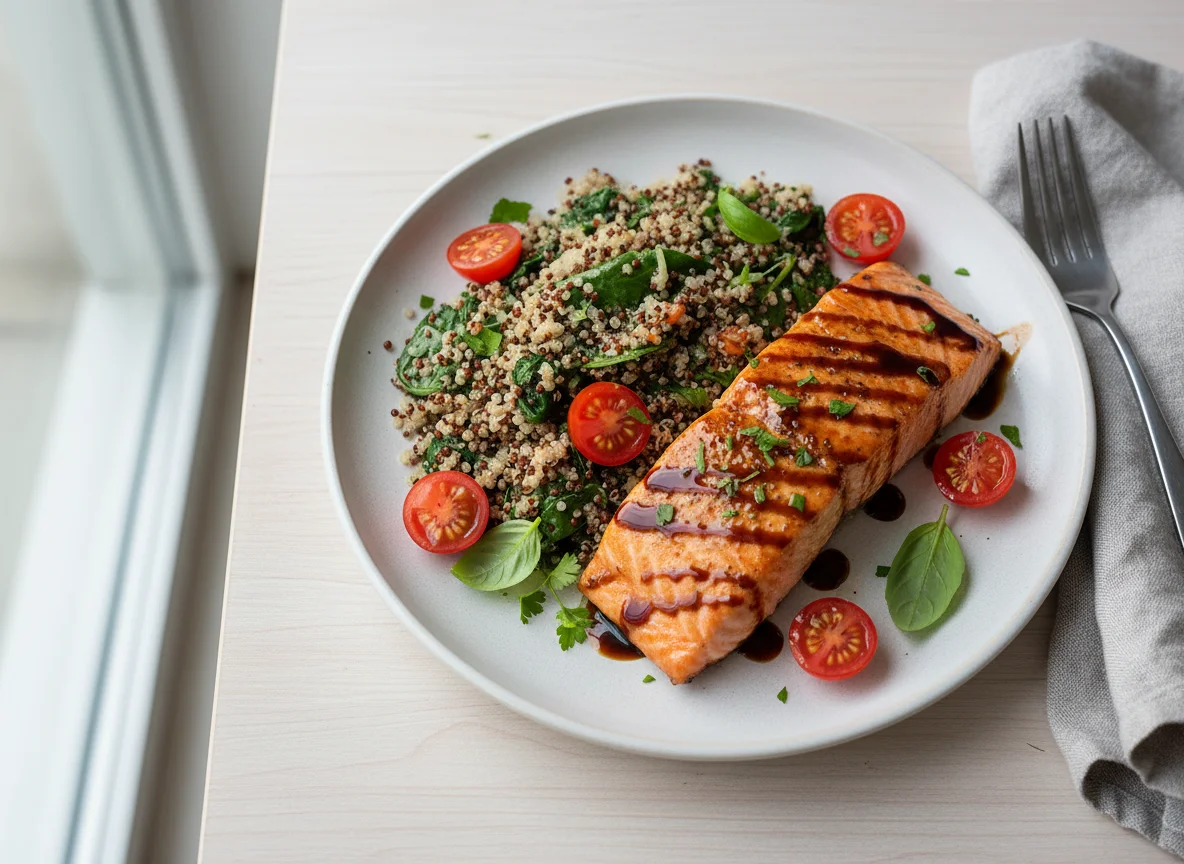 Glazed Salmon with Quinoa and Spinach photo