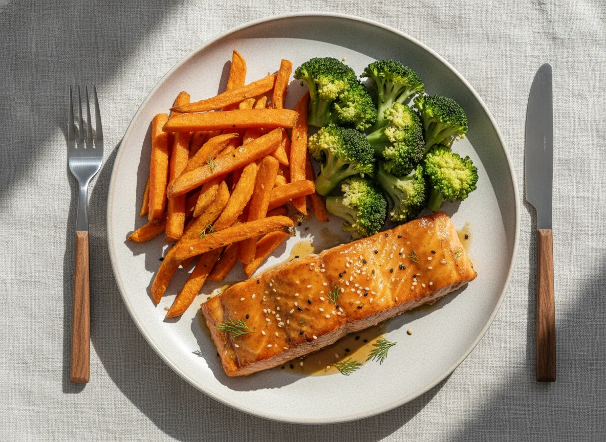 Glazed Salmon with Sweet Potato Fries and Broccoli photo