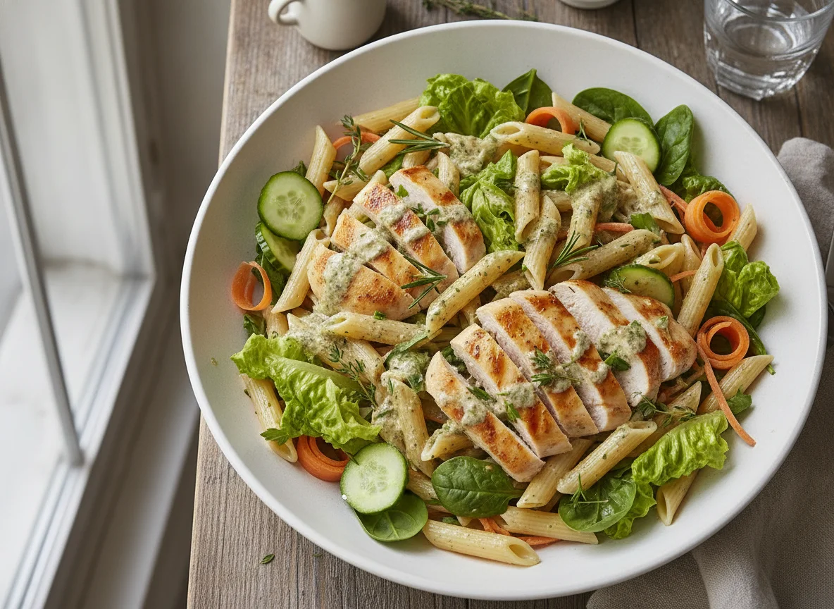 Gluten-free penne with chicken and garden salad photo