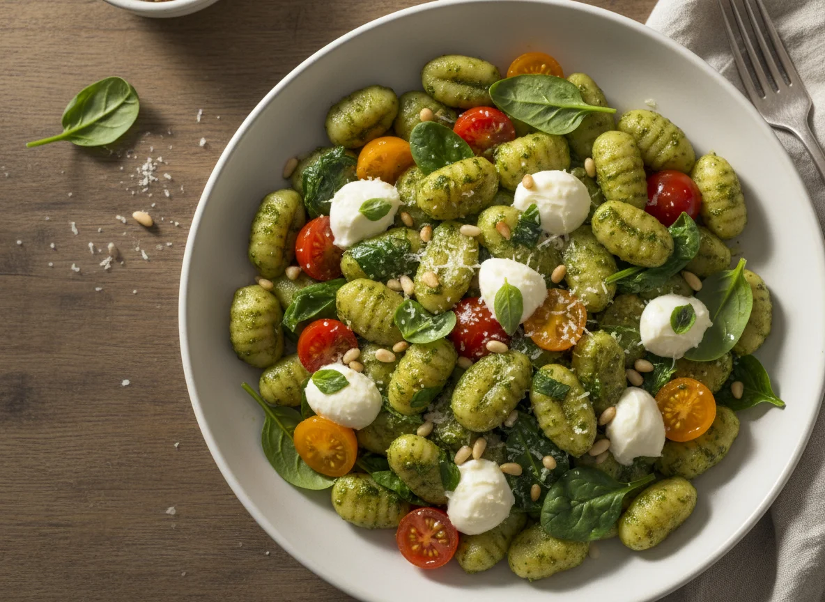 Gnocchi with Pesto, Tomatoes, Spinach and Mozzarella photo