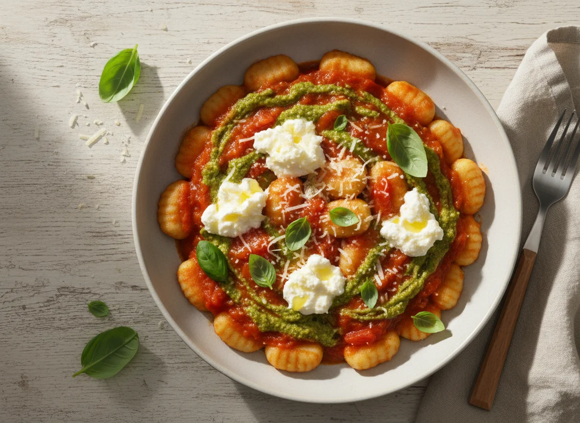 Gnocchi with Tomato, Pesto, and Ricotta photo