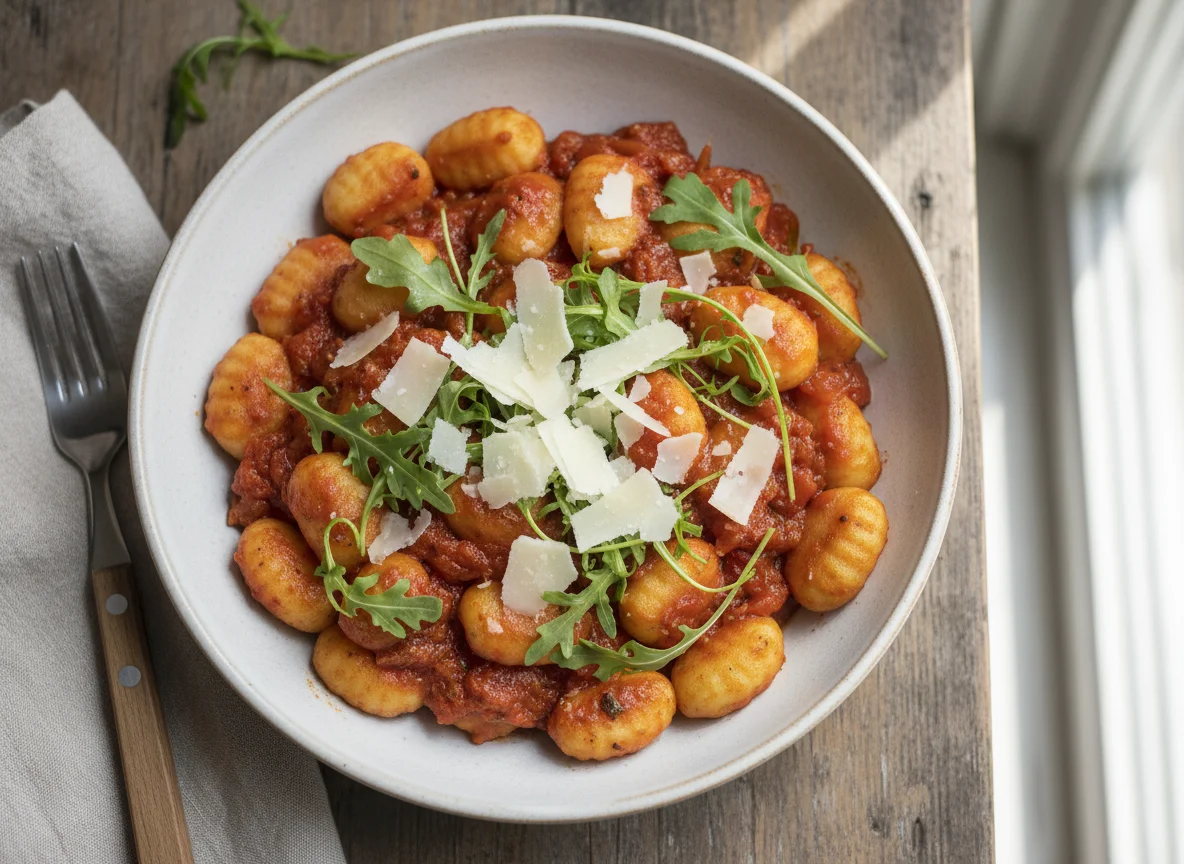 Gnocchi with Tomato Sauce, Arugula, and Parmesan photo