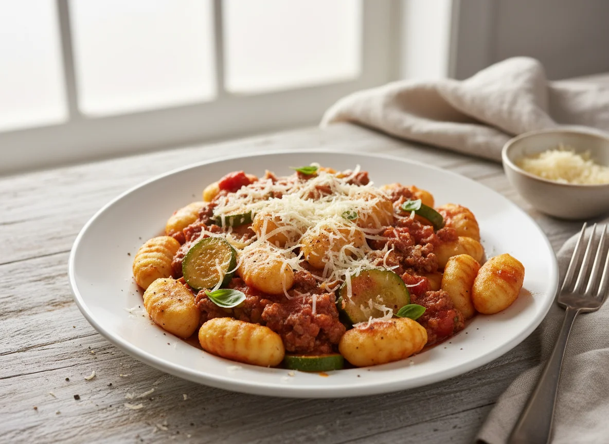 Gnocchi with Tomato Sauce, Minced Meat, and Courgettes photo