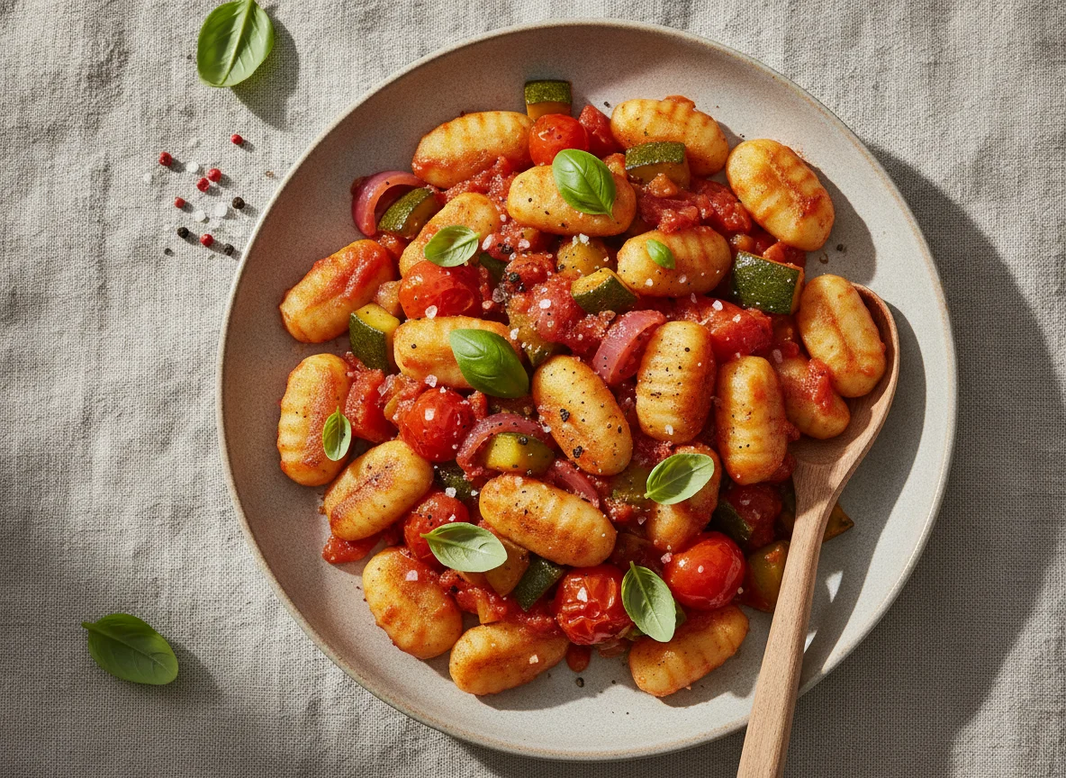Gnocchi with vegetables and tomato sauce photo