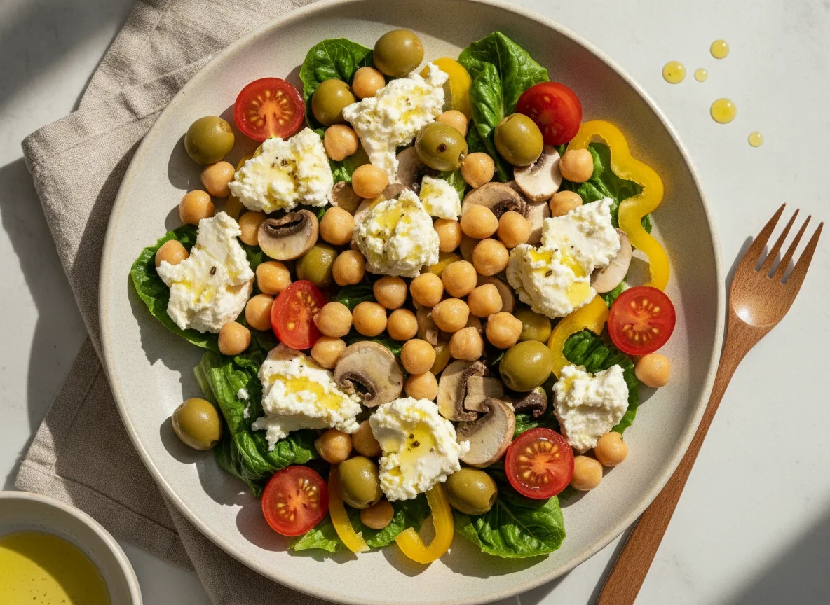 Goats cheese and chickpea salad with olives and tomatoes photo