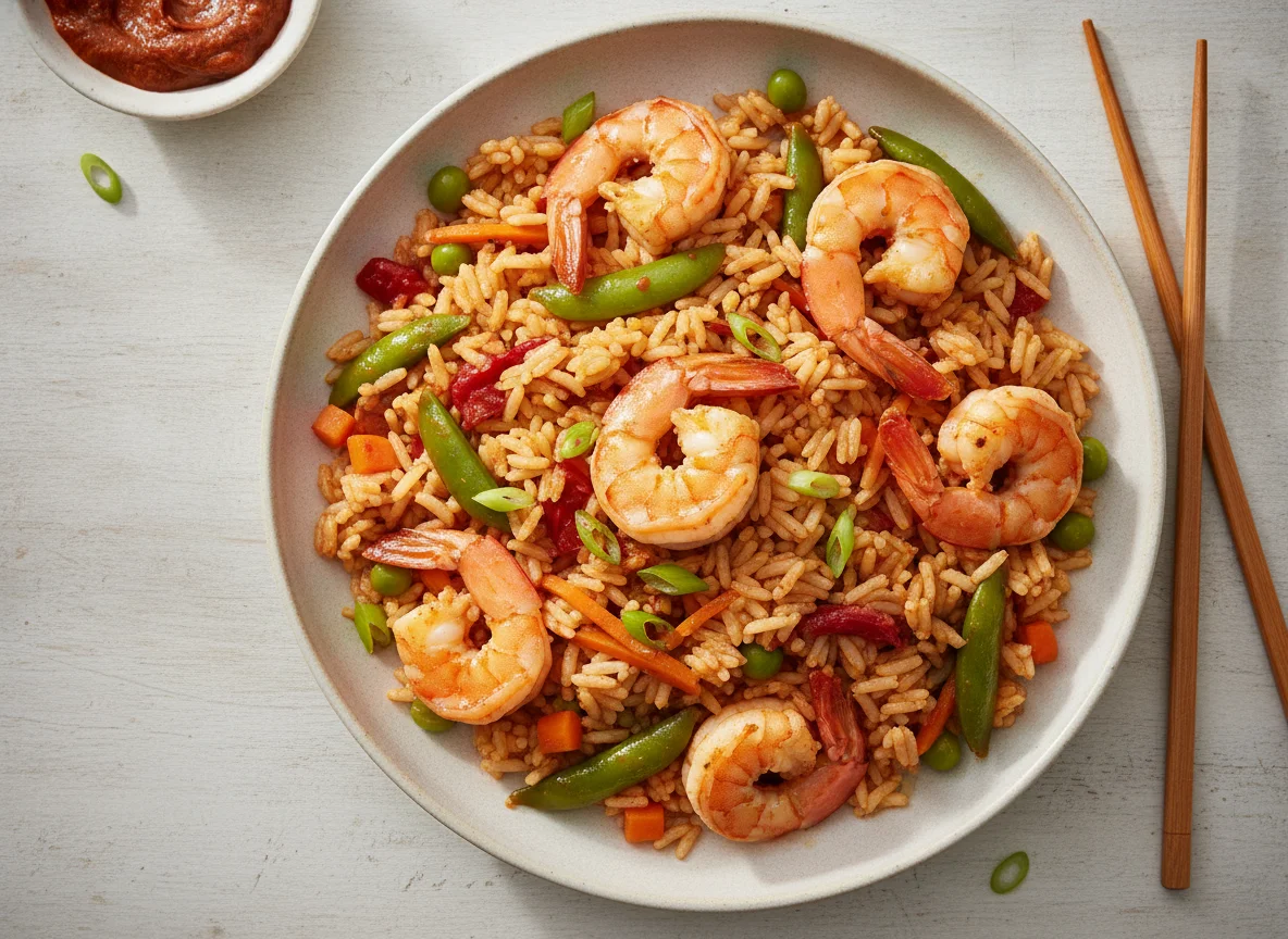 Gochujang Fried Rice With King Prawn & Sweet Pea Pods Stir-Fry photo
