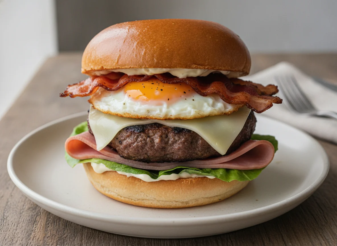 Gourmet Beef Burger with Bacon and Egg photo