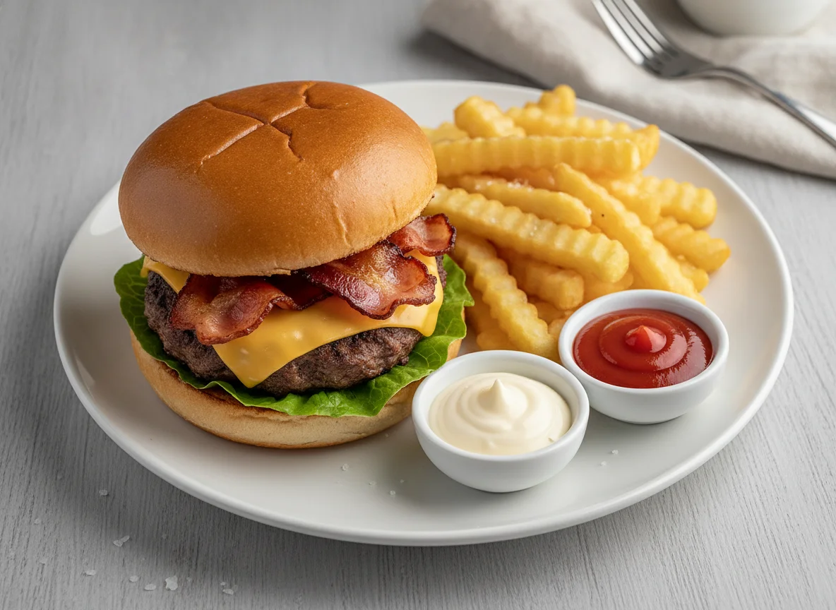 Gourmet Beef Burger with French Fries and Sauces photo