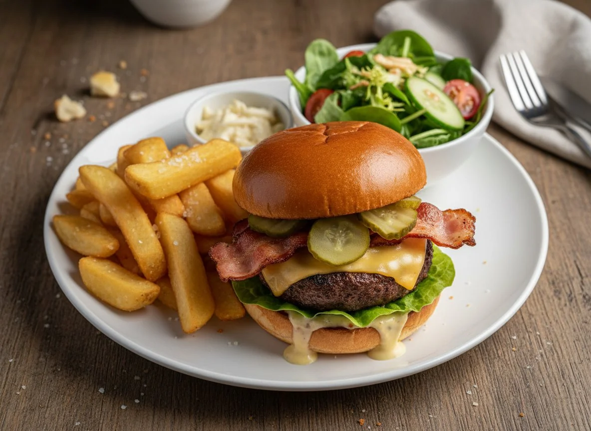Gourmet Burger with Chips and Salad photo