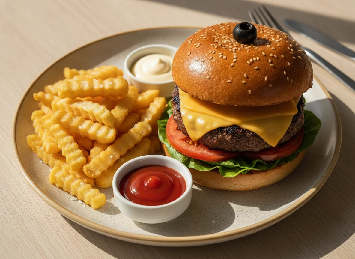 Gourmet Burger with French Fries and Dipping Sauces photo