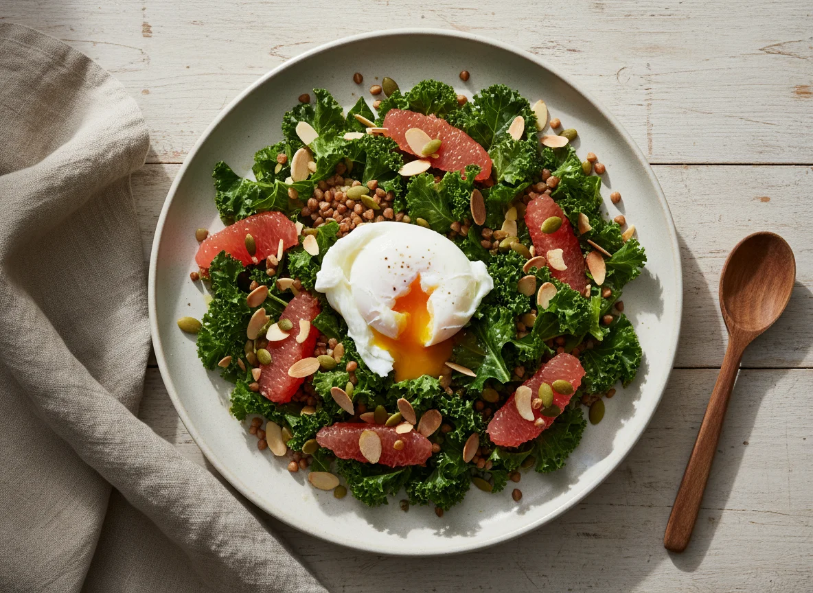Grain and Kale Salad with Grapefruit and Poached Egg photo