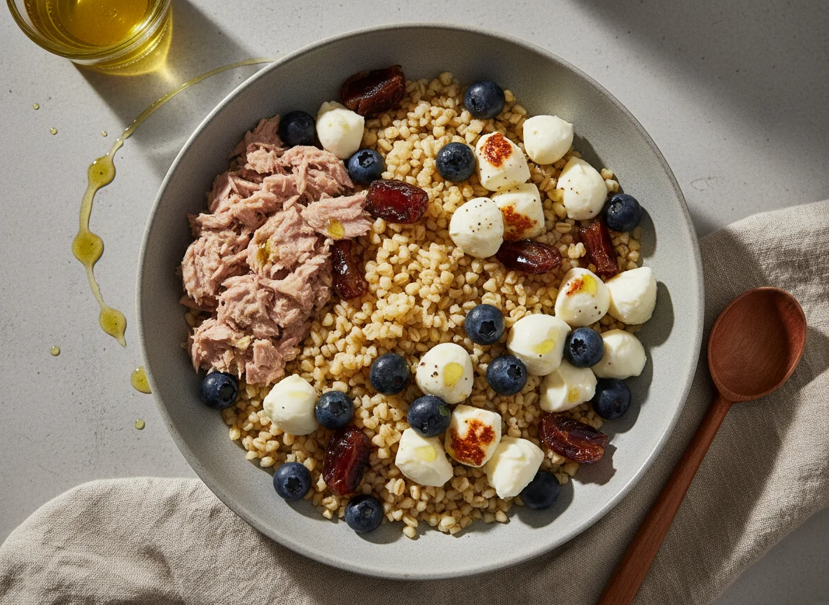 Grain bowl with tuna, cheese, and fruit photo