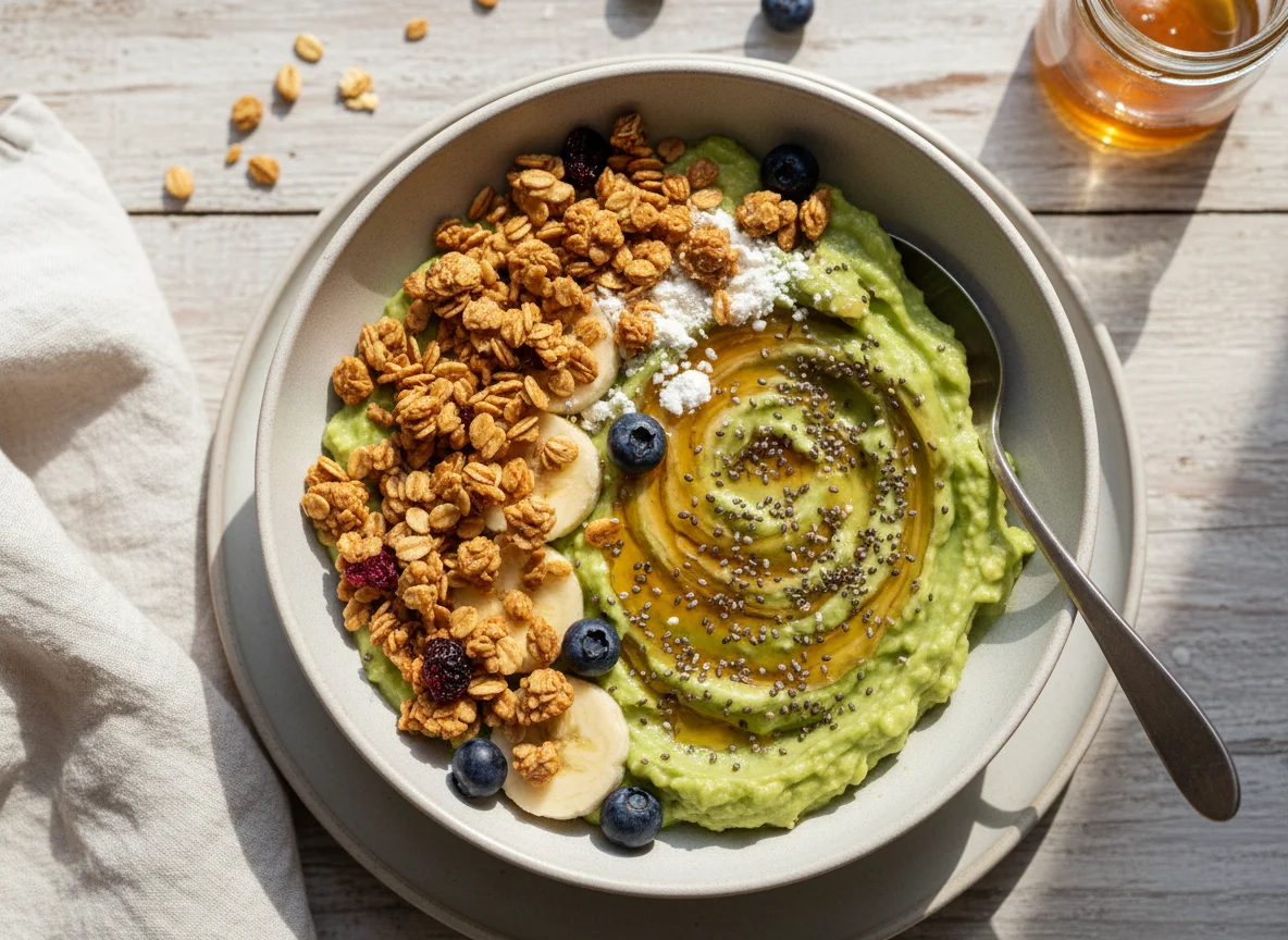 Granola, Avocado, Honey, Chia Seeds and Protein Bowl photo