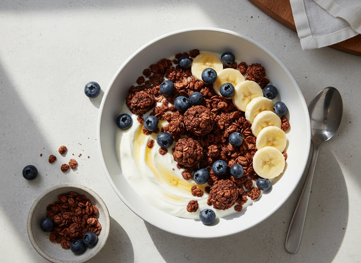 Granola bowl with banana and blueberries photo