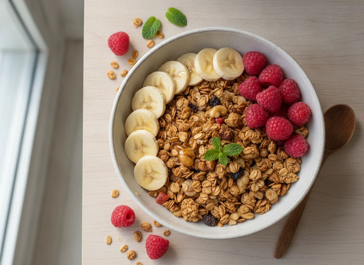 Granola bowl with banana and raspberries photo