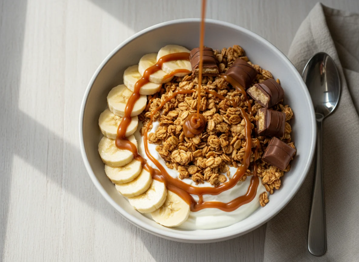 Granola Bowl with Banana, Chocolate, and Caramel Sauce photo