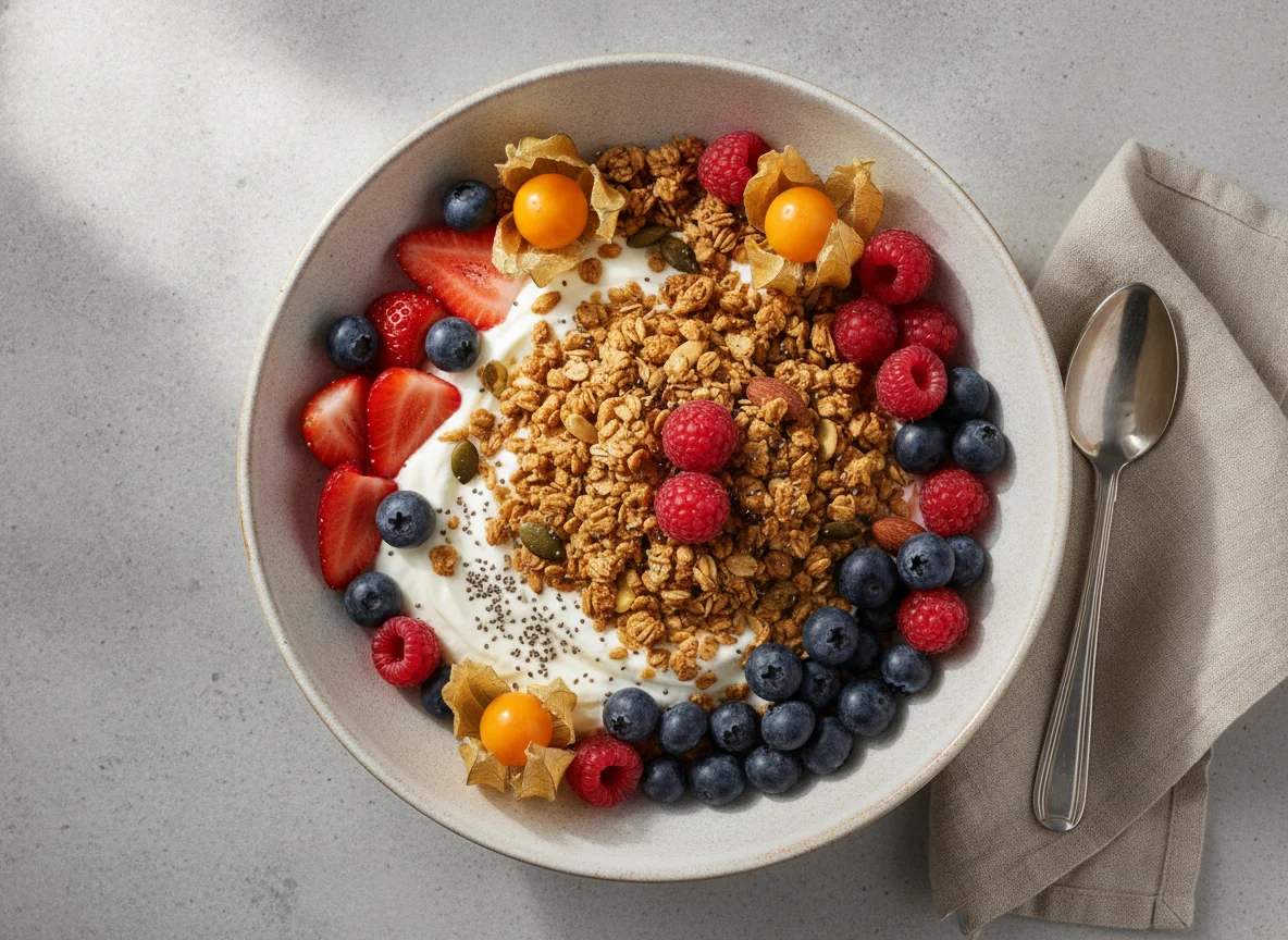 Granola bowl with berries and yogurt photo