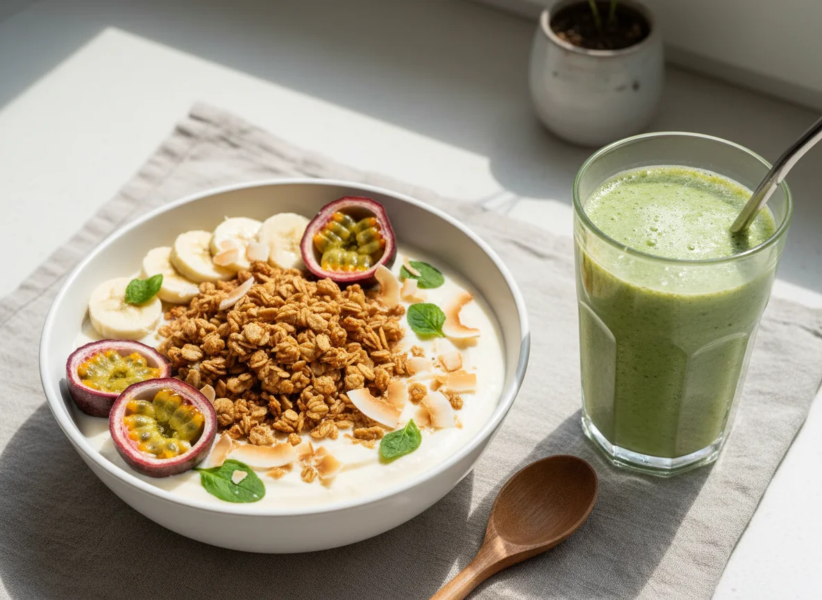 Granola Bowl with Fruit and Green Smoothie photo